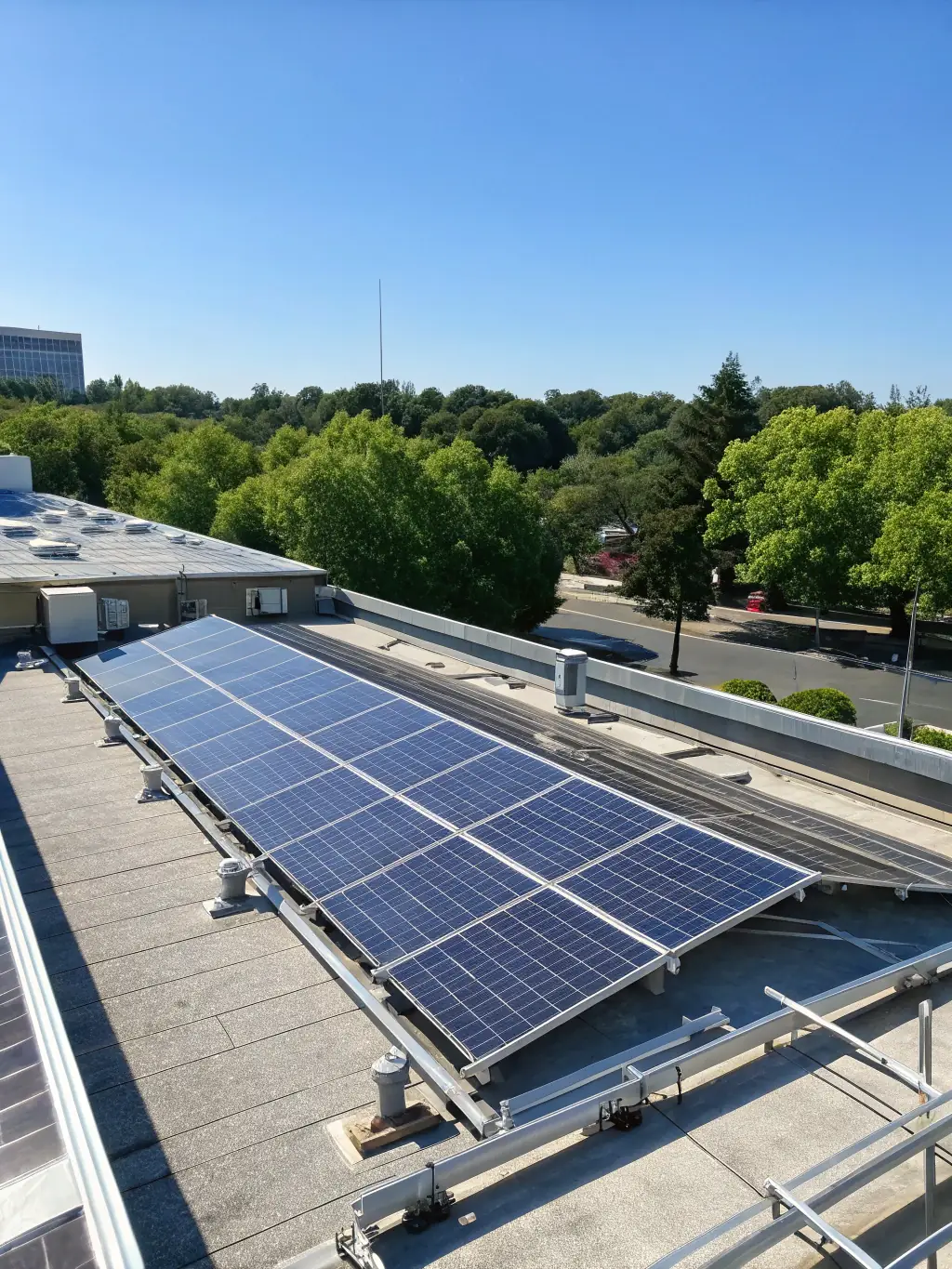 A solar panel installation on a commercial building, showcasing Celintech's commitment to renewable energy solutions.