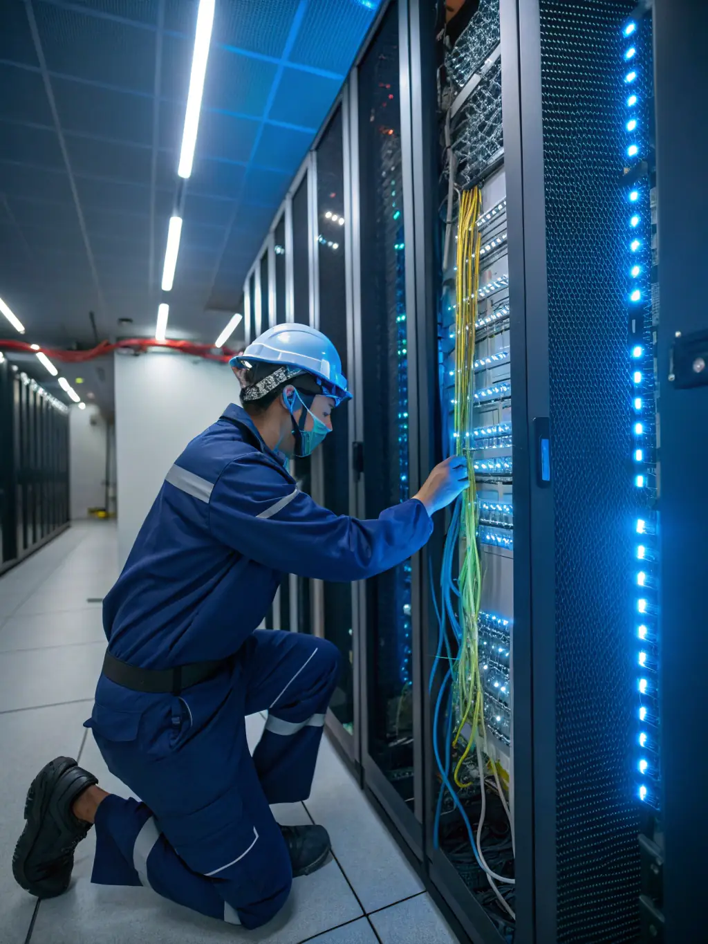 A professional photograph of a Celintech engineer installing fiber optic cables in a modern office building, showcasing network implementation services.