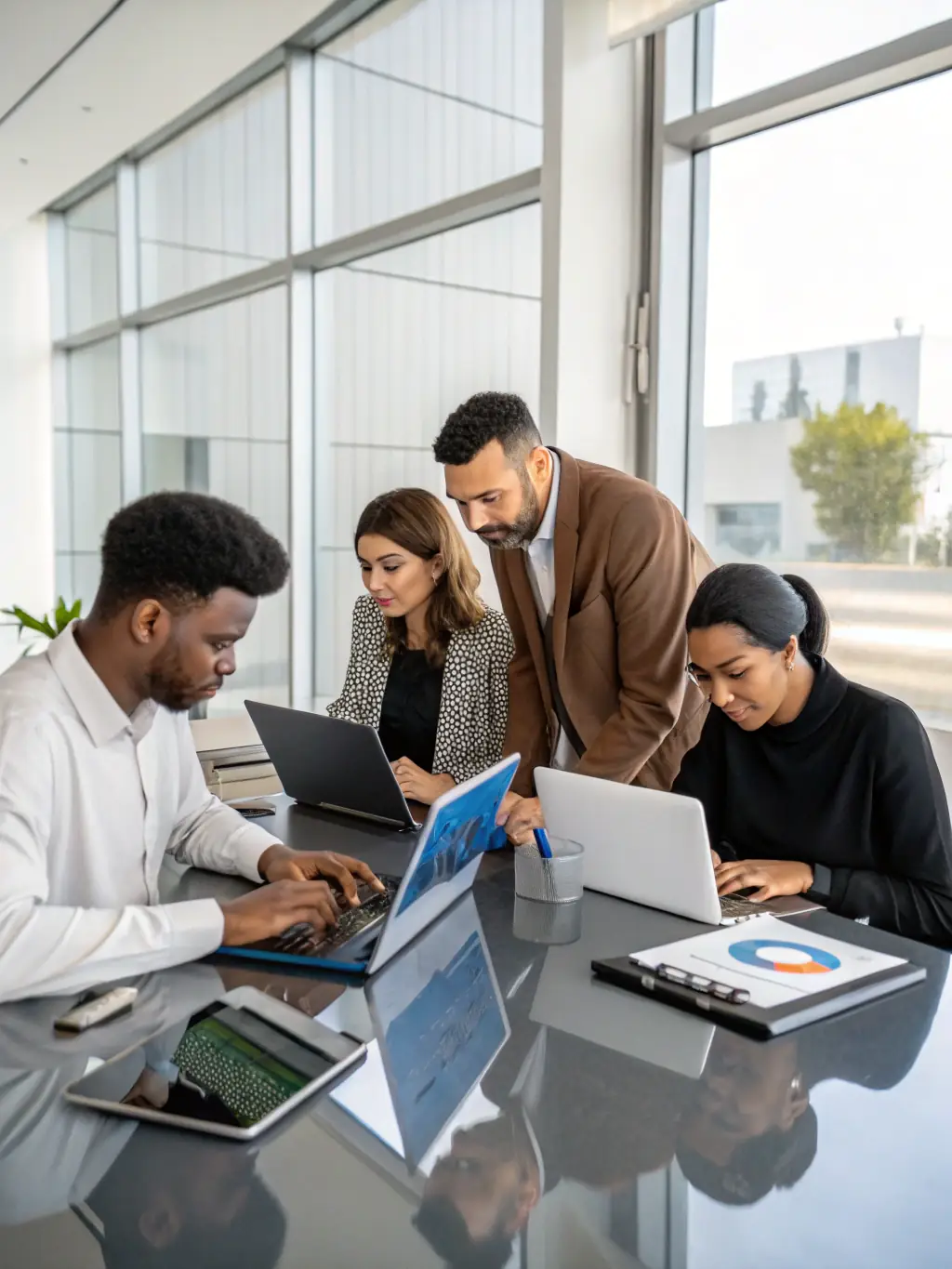 A modern office environment where employees are efficiently managing tasks and projects using Celintech's telecommunications infrastructure, demonstrating enhanced efficiency.