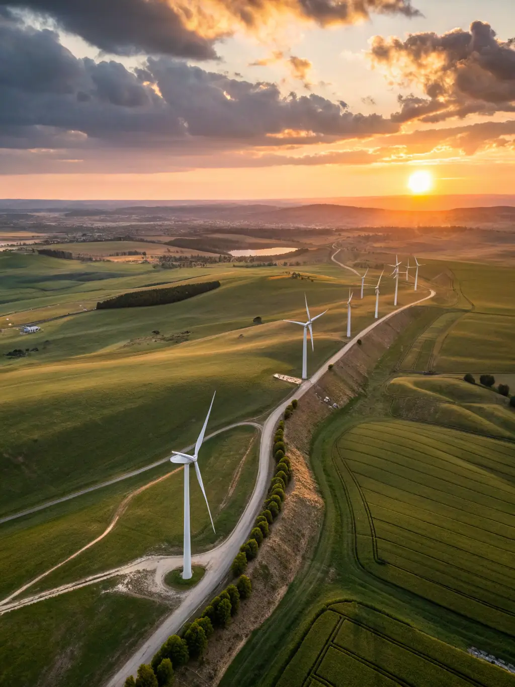 A wind turbine farm at sunset, symbolizing CELINTECH's commitment to renewable energy solutions and sustainable power distribution.