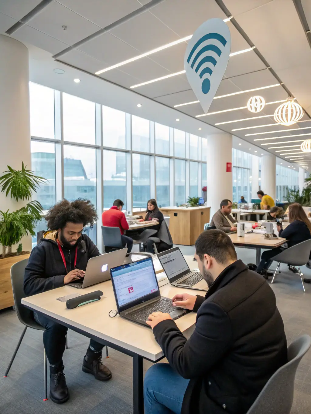 A professional office setting with employees collaborating seamlessly, using Celintech's telecommunications solutions to connect with remote team members via video conference, showcasing improved connectivity.