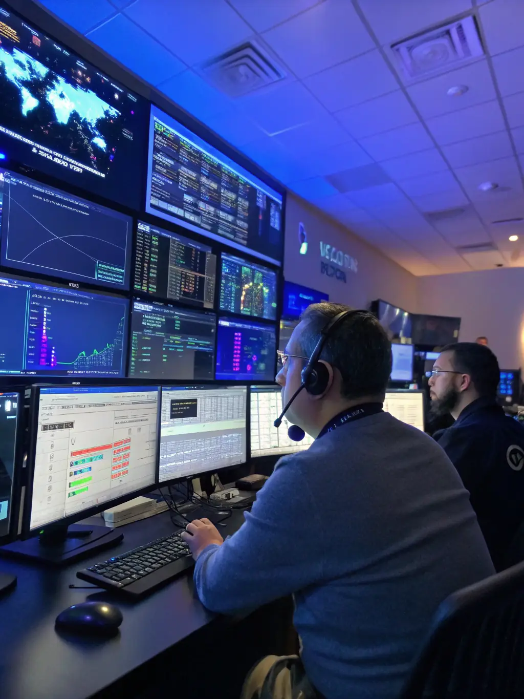 A network operations center (NOC) displaying real-time network monitoring and management dashboards, highlighting the proactive management capabilities.