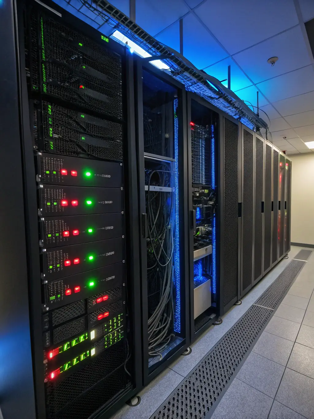 A server room filled with blinking lights and data cables, symbolizing REGIONTEL & CelinTech's cloud and ICT services.
