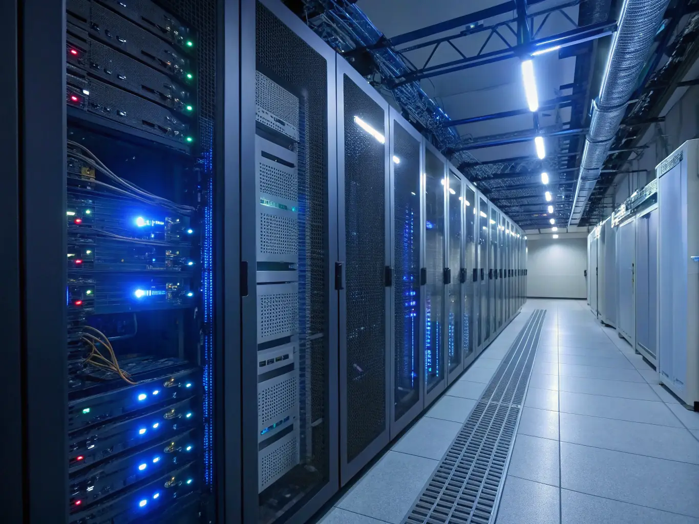 A server room with blinking lights and network cables, showcasing REGINTEL & CelinTech's cloud and ICT capabilities.